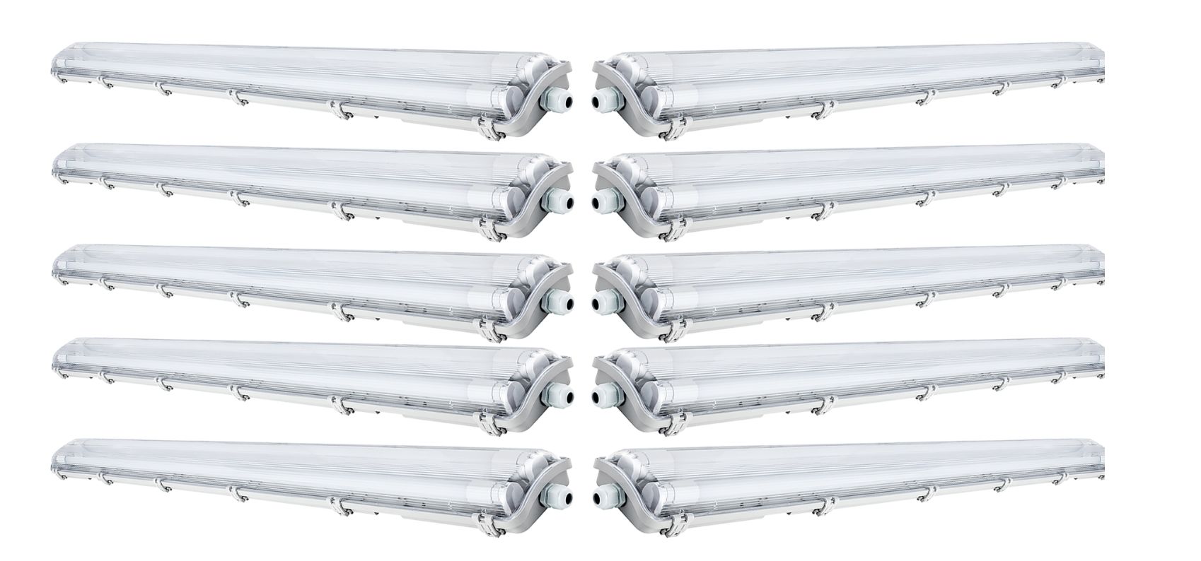 10x G13 LED Feuchtraumleuchte IP65, 2x T8 LED, Warmweiss 3000K